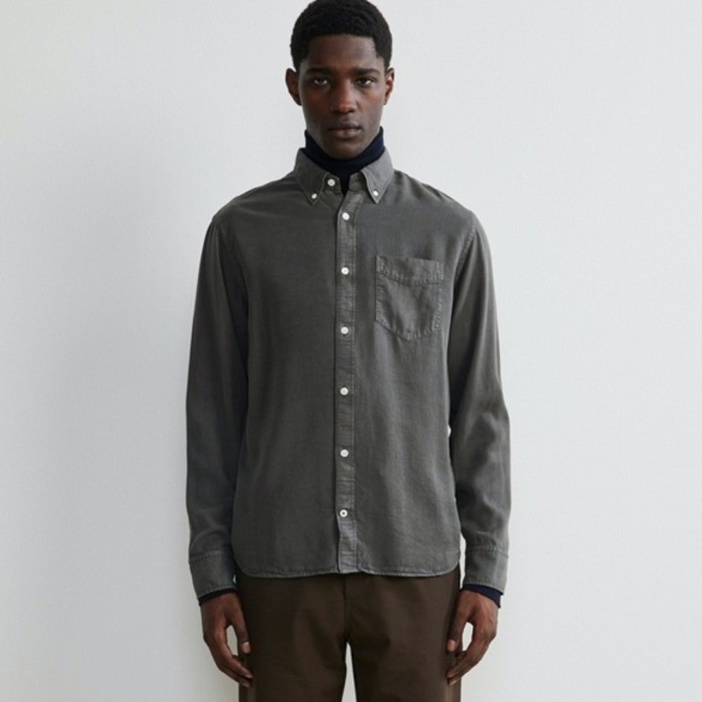 NN07 Levon Tencel Button Down Shirt Concrete Grey Minimalist Scandinavian Mens M